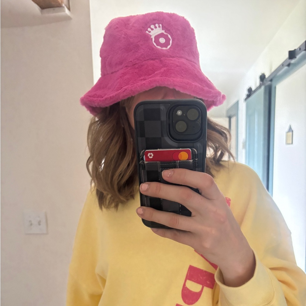 Pink fuzzy dunkin bucket hat
